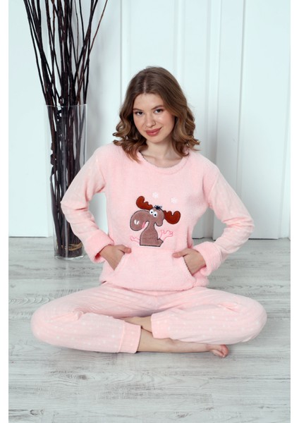 Fwn 04-3301 Peluş Welsoft Polar Kışlık Yumoş Geyikli Kadın Pijama Takımı