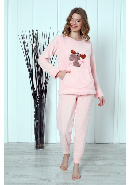 Fwn 04-3301 Peluş Welsoft Polar Kışlık Yumoş Geyikli Kadın Pijama Takımı