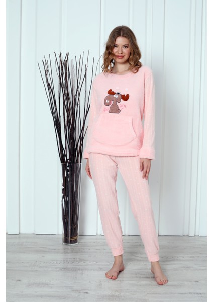 Fwn 04-3301 Peluş Welsoft Polar Kışlık Yumoş Geyikli Kadın Pijama Takımı