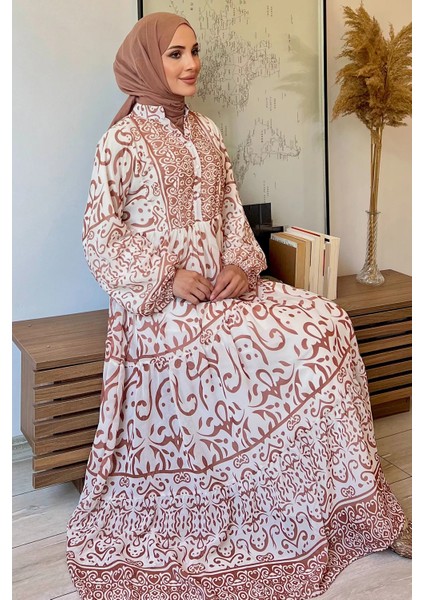 Yarım Düğmeli Astarlı Desenli Şifon Elbise P-00009397