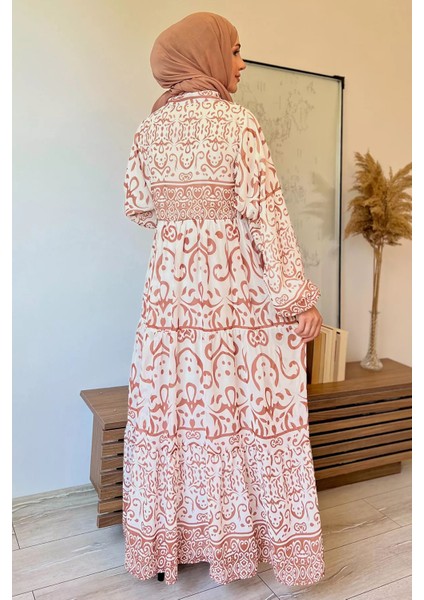 Yarım Düğmeli Astarlı Desenli Şifon Elbise P-00009397