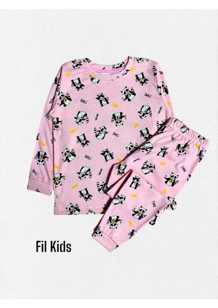 Kız Çocuk %100 Pembe Rakun Desenli Uzun Kollu Kışlık Pijama Takımı