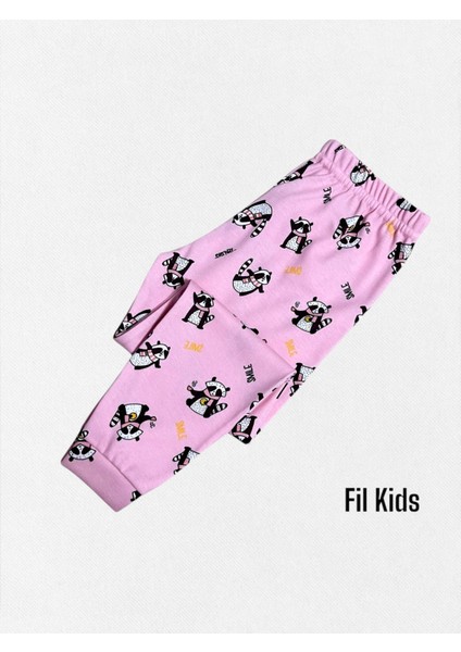 Kız Çocuk %100 Pembe Rakun Desenli Uzun Kollu Kışlık Pijama Takımı