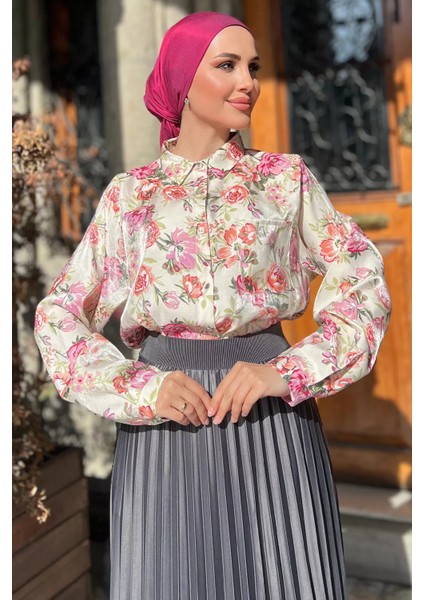 Tek Cepli Çiçek Desenli Tesettür Kadın Gömlek modelleri