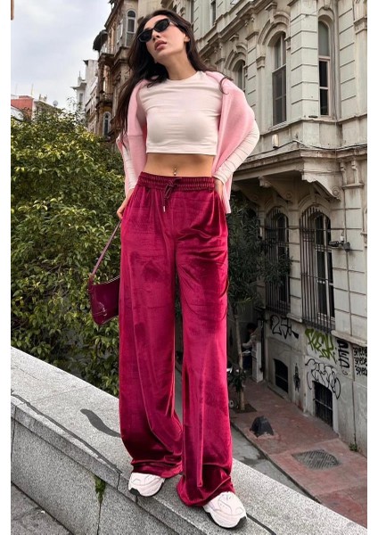 Bordo Bol Paça Kadife Pantolon MG2283 fırsatları
