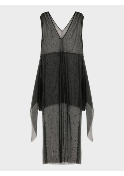 V Yakalı Belden Bağlama Detaylı Sıfır Kollu Incili Tül Elbise - Siyah fırsatları