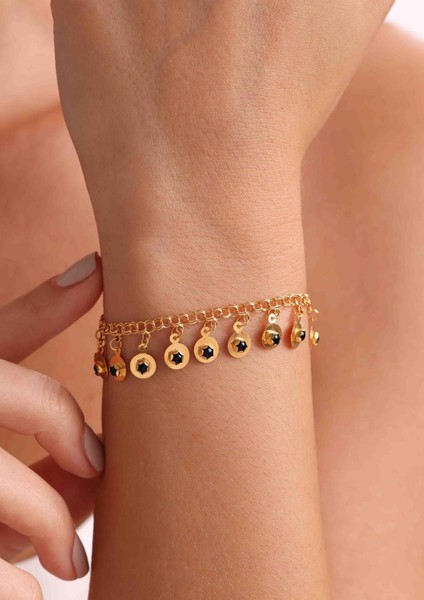 14 Ayar Altın Siyah Boncuklu Pullu Bileklik fiyatları