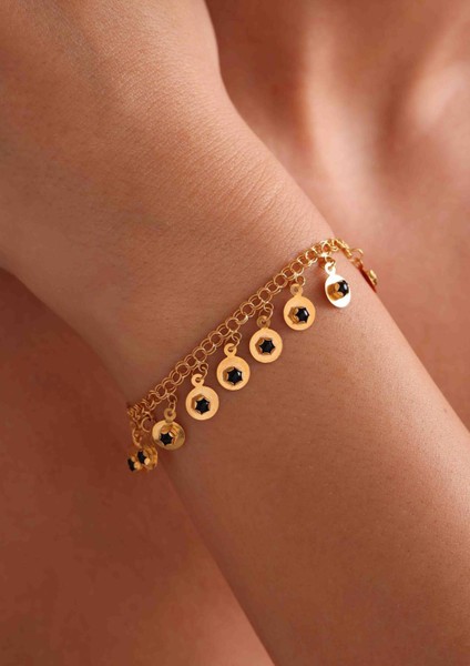 14 Ayar Altın Siyah Boncuklu Pullu Bileklik modelleri