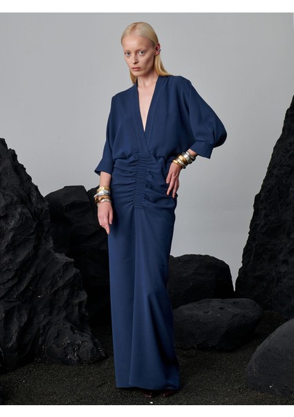 V Yakalı Eteği Lastikli ve Büzgülü Elbise - Petrol