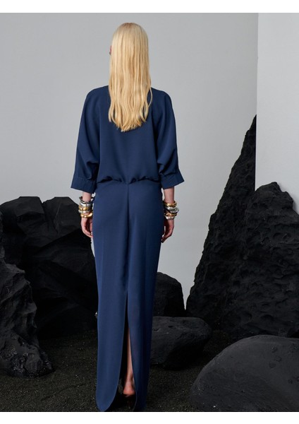 V Yakalı Eteği Lastikli ve Büzgülü Elbise - Petrol modelleri