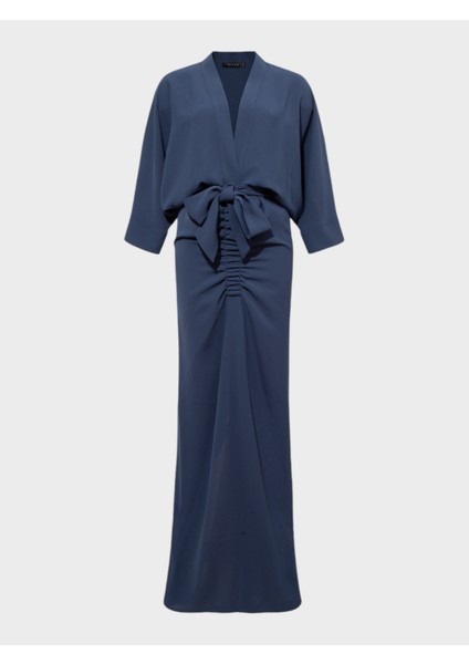 V Yakalı Eteği Lastikli ve Büzgülü Elbise - Petrol indirimleri