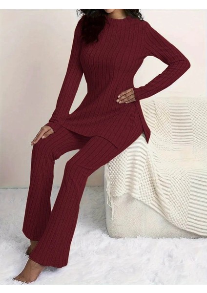 Kadın Uzun Kollu Yuvarlak Yaka Yandan Yırtmaç Detaylı Şardonlu Kaşkorse Bluz ve Pantolon Ikili Takım fırsatları