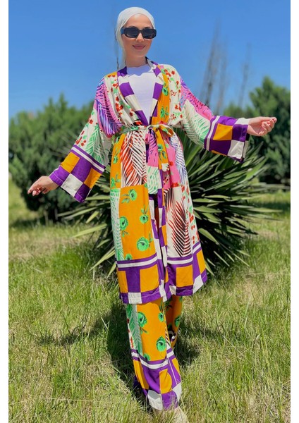 Çiçek Desen Kimono Pantol Ikili Tesettür Takım