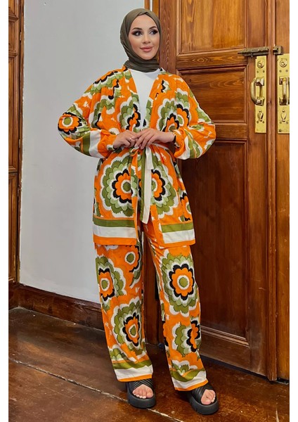 Desenli Bluz Kimono Pantol Tesettür Visk Ikili Takım