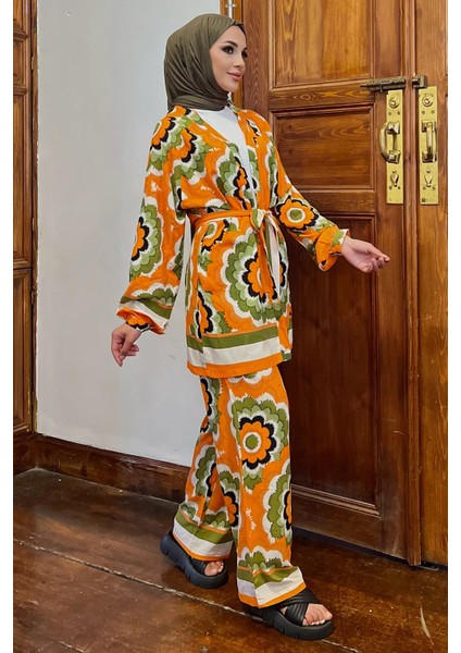 Desenli Bluz Kimono Pantol Tesettür Visk Ikili Takım