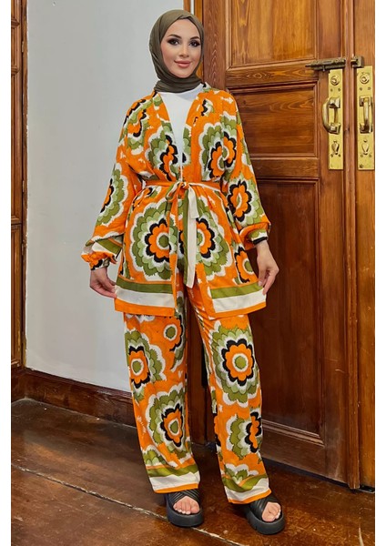 Desenli Bluz Kimono Pantol Tesettür Visk Ikili Takım
