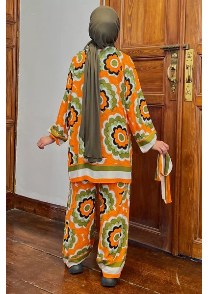 Desenli Bluz Kimono Pantol Tesettür Visk Ikili Takım
