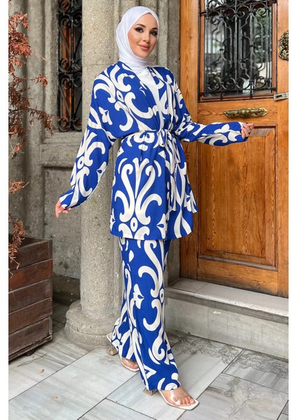 Desenli Kimono Pantol Bluz Tesettür Üçlü Takım