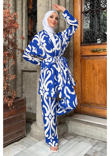 Desenli Kimono Pantol Bluz Tesettür Üçlü Takım