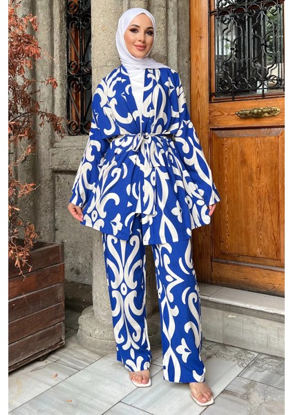 Desenli Kimono Pantol Bluz Tesettür Üçlü Takım