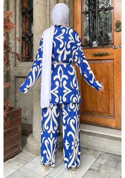 Desenli Kimono Pantol Bluz Tesettür Üçlü Takım