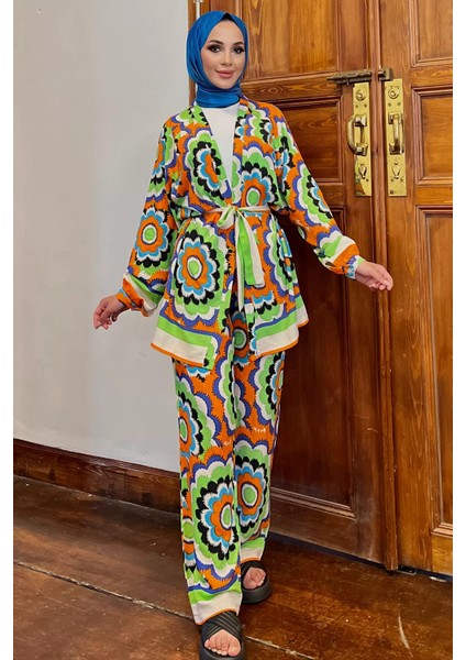 Desenli Bluz Kimono Pantol Tesettür Visk Ikili Takım