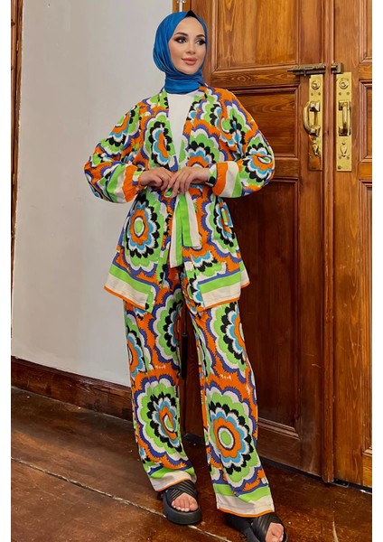 Desenli Bluz Kimono Pantol Tesettür Visk Ikili Takım