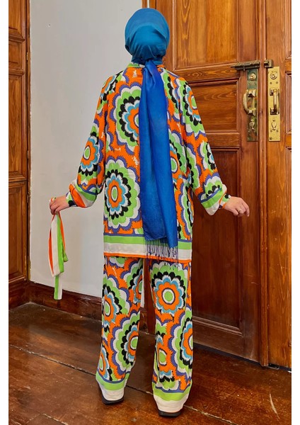 Desenli Bluz Kimono Pantol Tesettür Visk Ikili Takım