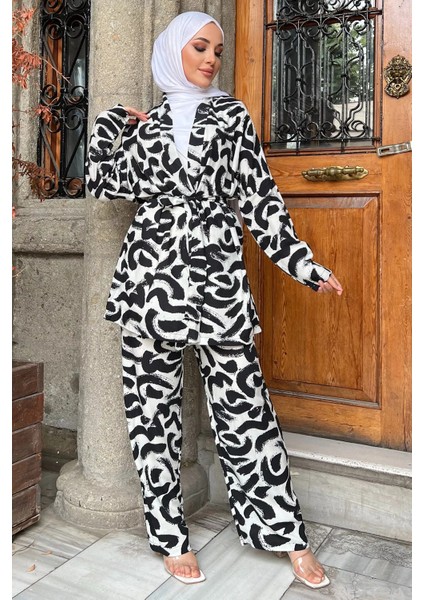 Desenli Kimono Pantol Bluz Tesettür Üçlü Takım