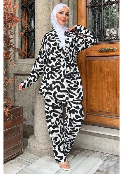 Desenli Kimono Pantol Bluz Tesettür Üçlü Takım