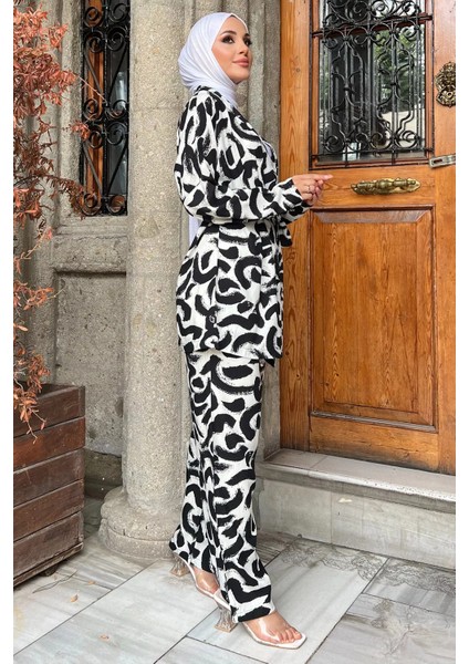 Desenli Kimono Pantol Bluz Tesettür Üçlü Takım