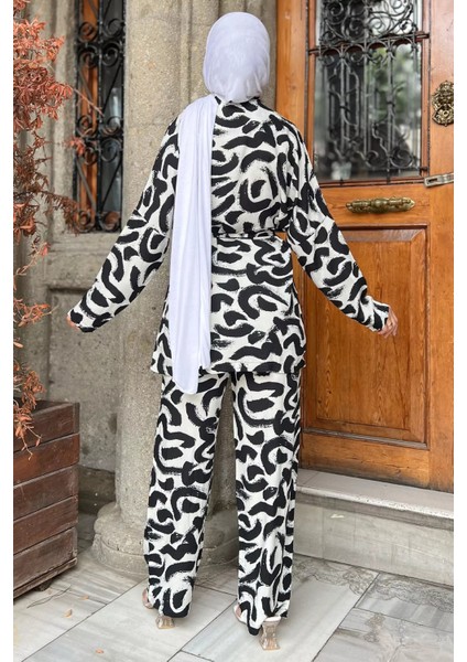 Desenli Kimono Pantol Bluz Tesettür Üçlü Takım