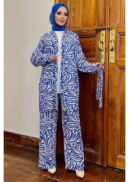 Kimono Pantol Bluz Desenli Tesettür Üçlü Takım