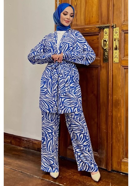 Kimono Pantol Bluz Desenli Tesettür Üçlü Takım