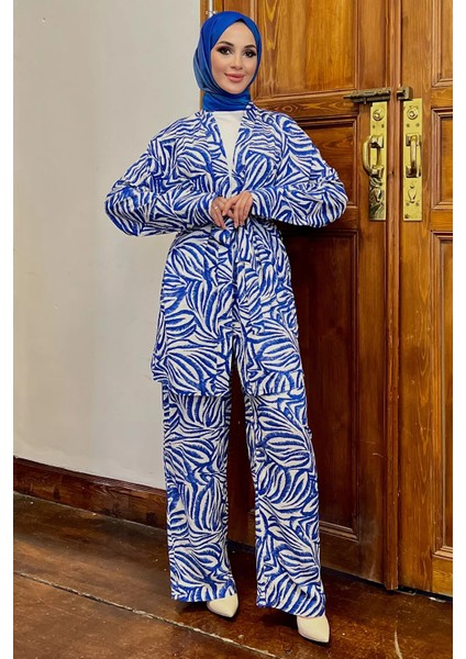 Kimono Pantol Bluz Desenli Tesettür Üçlü Takım