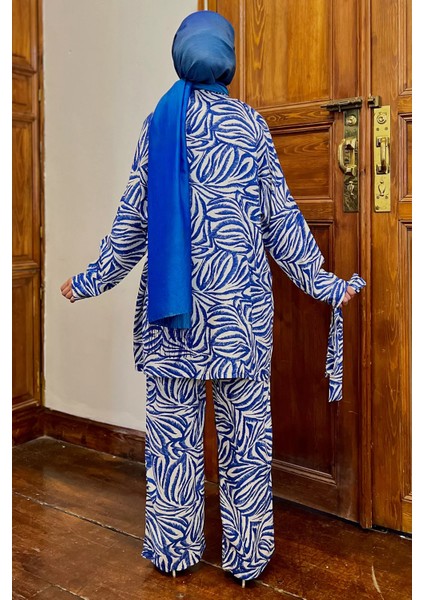 Kimono Pantol Bluz Desenli Tesettür Üçlü Takım