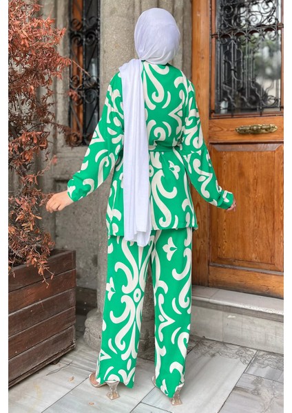 Desenli Kimono Pantol Bluz Tesettür Üçlü Takım