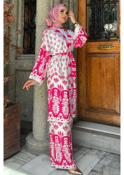 Desenli Tesettür Visk Kimono Ikili Takım