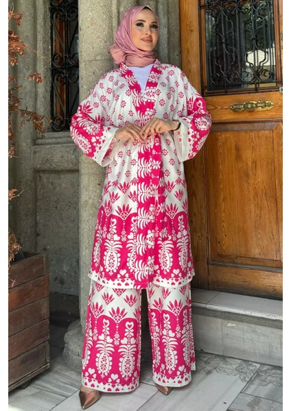 Desenli Tesettür Visk Kimono Ikili Takım fiyatları