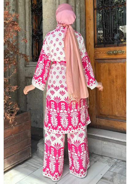 Desenli Tesettür Visk Kimono Ikili Takım modelleri