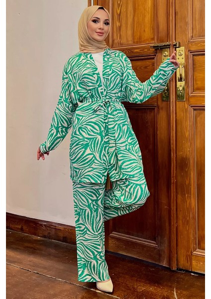Kimono Pantol Bluz Desenli Tesettür Üçlü Takım