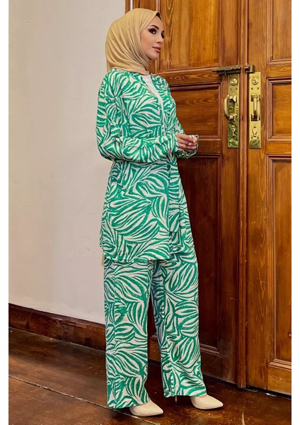 Kimono Pantol Bluz Desenli Tesettür Üçlü Takım modelleri