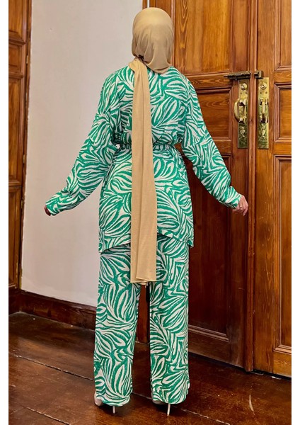 Kimono Pantol Bluz Desenli Tesettür Üçlü Takım fırsatları