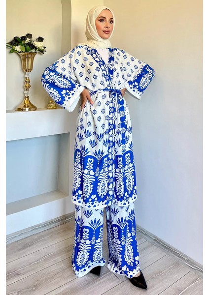 Desenli Tesettür Visk Kimono Ikili Takım