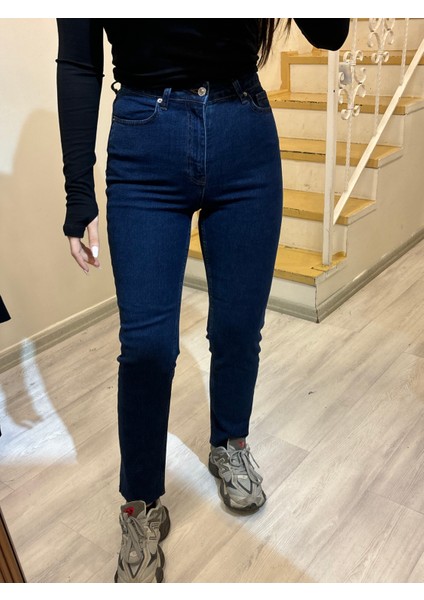 Mom Fit Boru Paça Likralı Yüksek Bel Jean