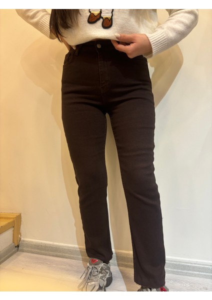 Mom Fit Boru Paça Likralı Yüksek Bel Jean