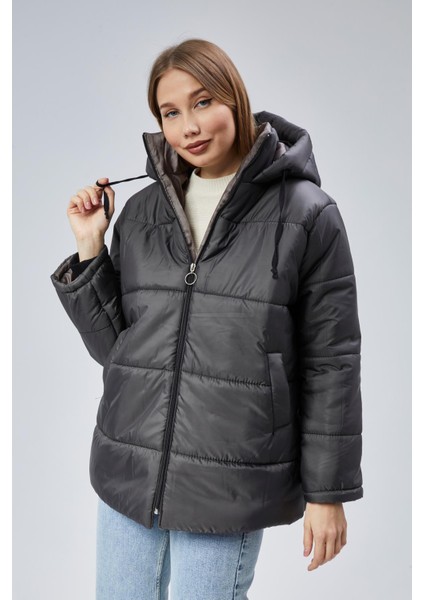 Kadın Oversize Model Kapüşonlu Şişme Mont - Gri fiyatları