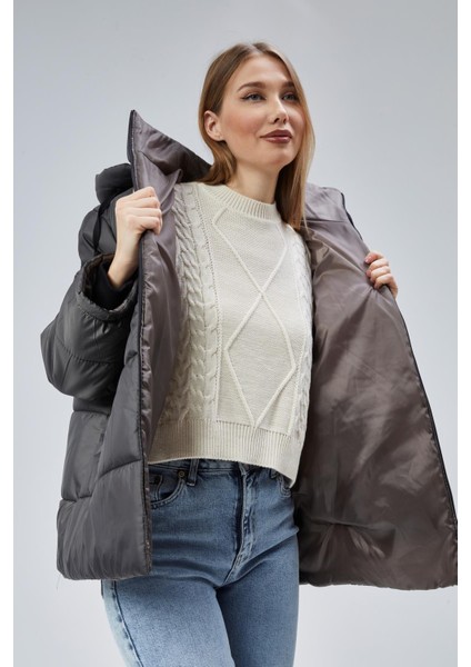 Kadın Oversize Model Kapüşonlu Şişme Mont - Gri modelleri