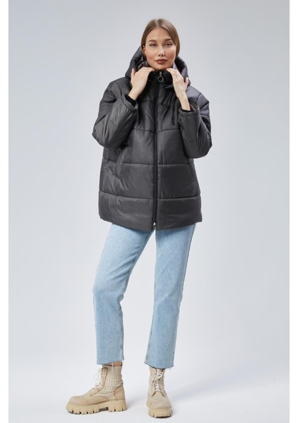 Kadın Oversize Model Kapüşonlu Şişme Mont - Gri fırsatları