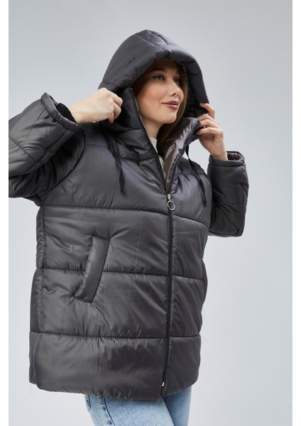 Kadın Oversize Model Kapüşonlu Şişme Mont - Gri indirimleri